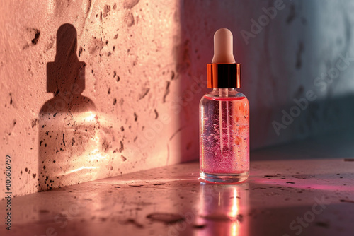 Glass bottle with perfume or serum on white and pink background . Cosmetology, anti-aging, perfumes. close up, flat lay. AI Generated	
