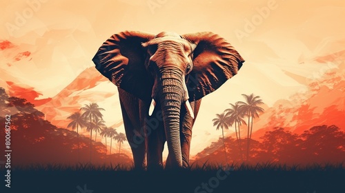 cute elephant, and silhouette are gradually blended with the African landscape forest background