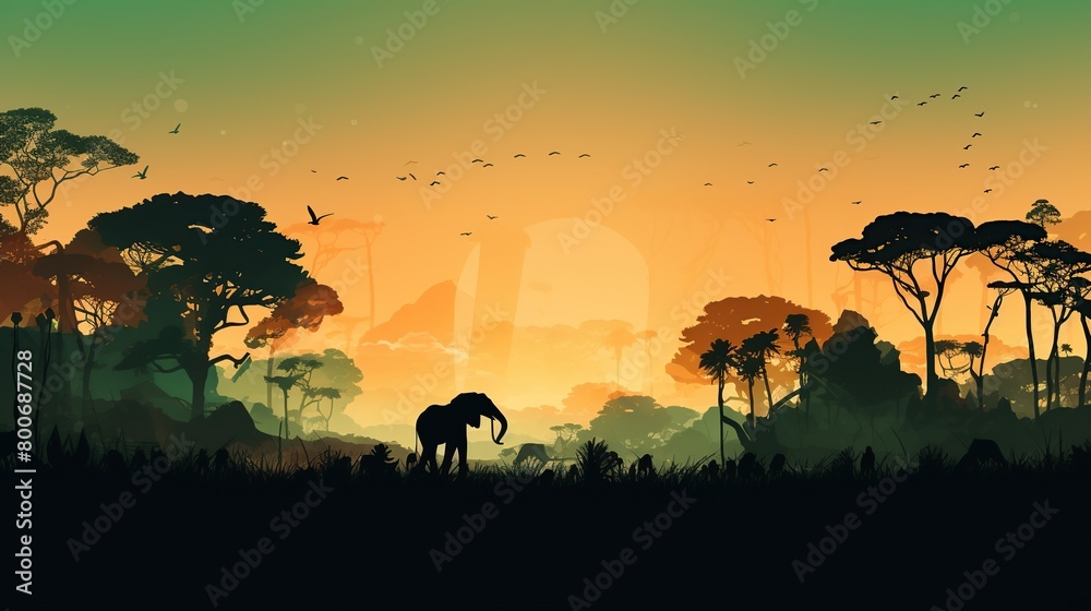 cute elephant, and silhouette are gradually blended with the African landscape forest background cute elephant, and silhouette are gradually blended with the African landscape forest background
