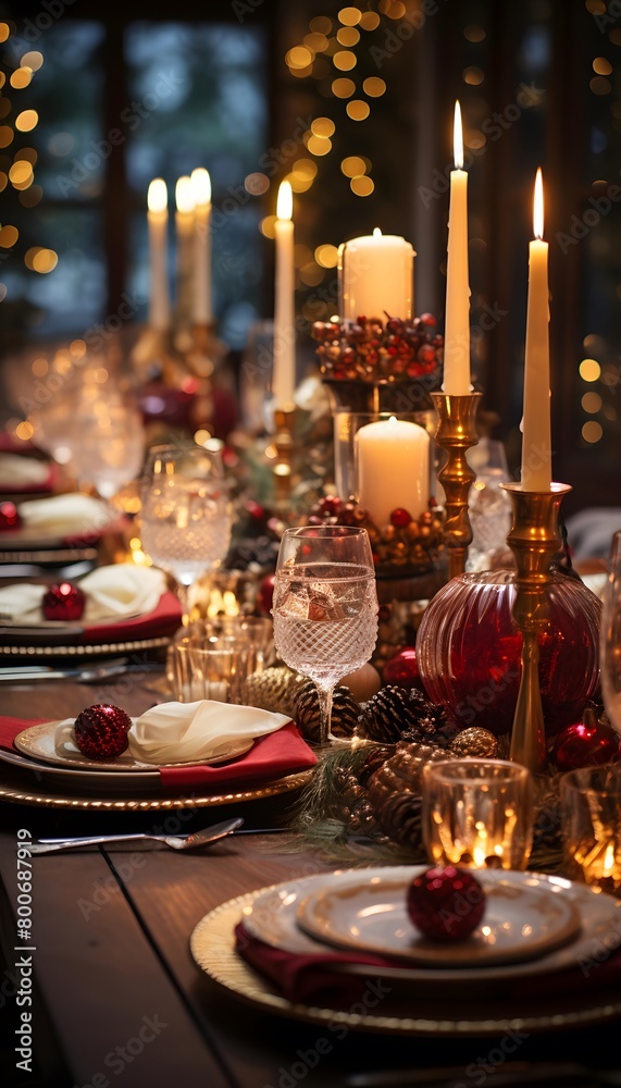Beautiful Christmas table setting with candles. Selective focus. Holiday.