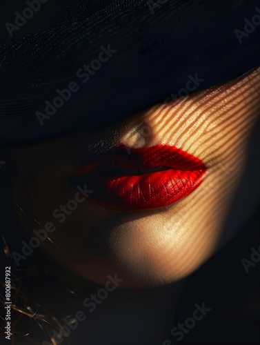 A close up portrait of a woman's face with red lipsticks wearing a hat that her face and eyes covered with a dark shadow. photo