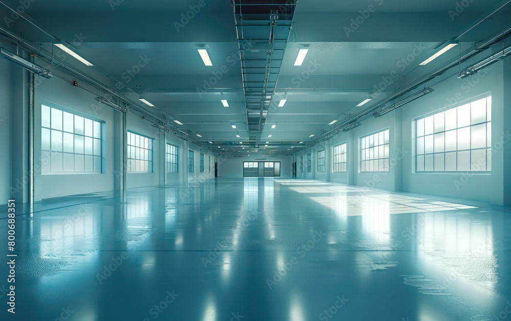 realistic warehouse with light blue glowing space realistic warehouse with light blue glowing space