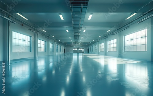 realistic warehouse with light blue glowing space