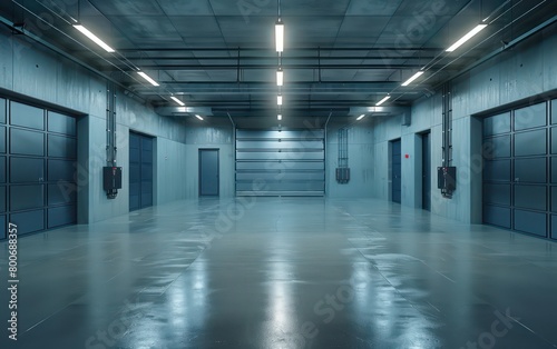 realistic warehouse with light blue glowing space