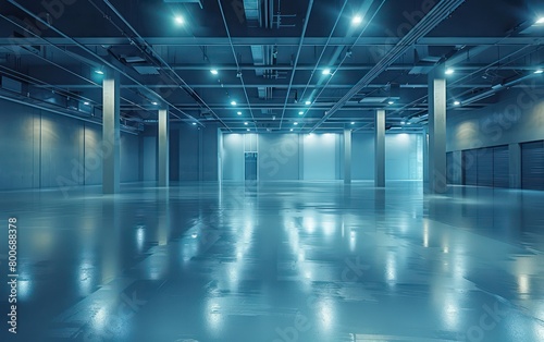 realistic warehouse with light blue glowing space © Dekastro