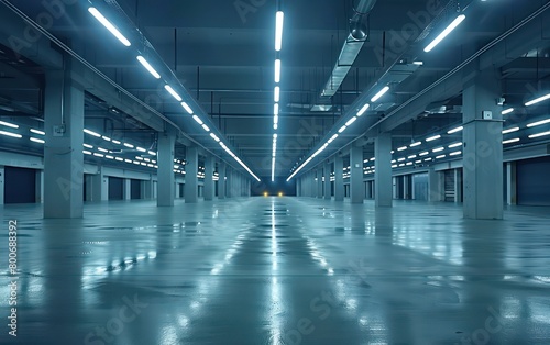 realistic warehouse with light blue glowing space