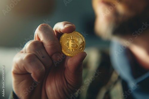 Close up of a man holding bitcoin displaying it in his ha