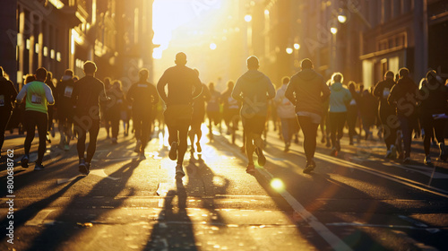 Close up of group running in the street during golden hour light