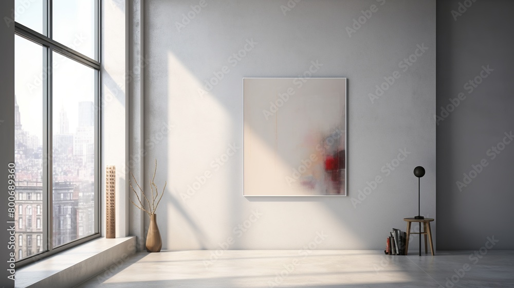 Fototapeta premium The wall hosts a minimalist painting, a beacon of understated beauty, inviting observers to appreciate the power of simplicity in art
