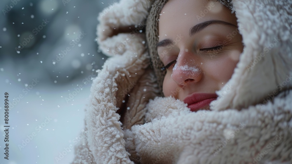 A woman wraps herself in a thick towel and takes a deep breath of the crisp fresh air after stepping out of the sauna and into a winter wonderland.. A woman wraps herself in a thick towel and takes a deep breath of the crisp fresh air after stepping out of the sauna and into a winter wonderland..