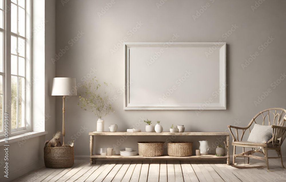 Poster frame mockup in white clear hallway interior, Mockup frame in farmhouse living room interior 3d render


