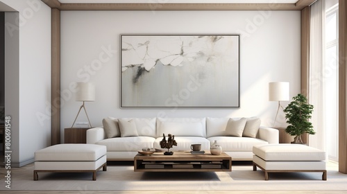 The wall showcases a minimalist painting, a quiet yet powerful statement that accentuates the harmony found in simplicity