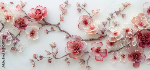 illustrated watercolour paper flowers embroidered with a red and pink pattern