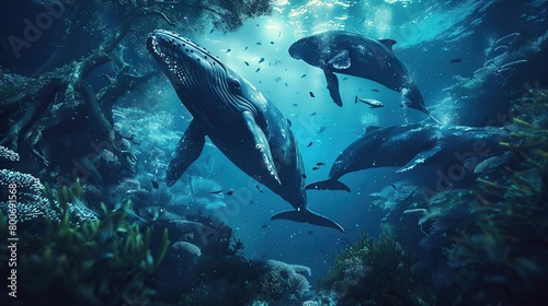 ocean  underwater atmosphere  coral  underwater plant  blue sea  several whales swimming inside  blue and white whales  hyperrealistic  photography