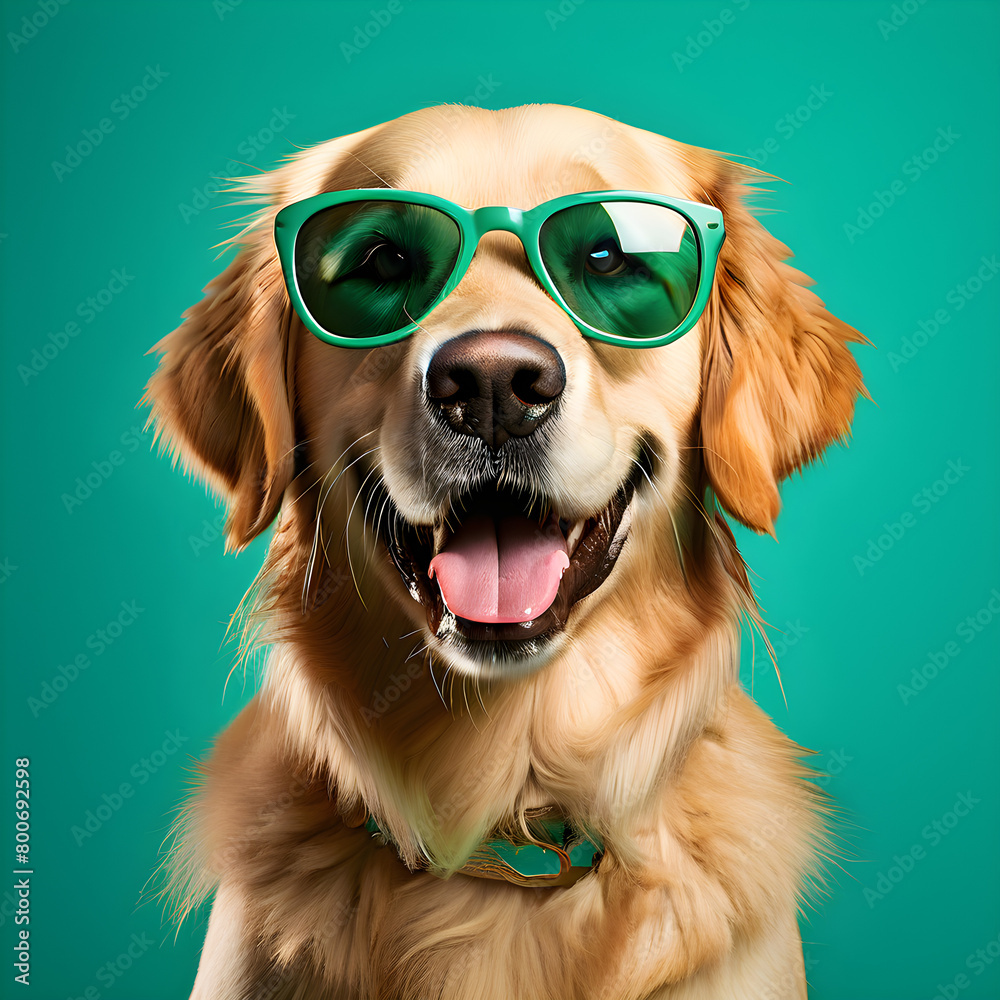 dog wearing glasses,Cool and Stylish, Golden Retriever Sporting Green Sunglasses,GenerativeAI