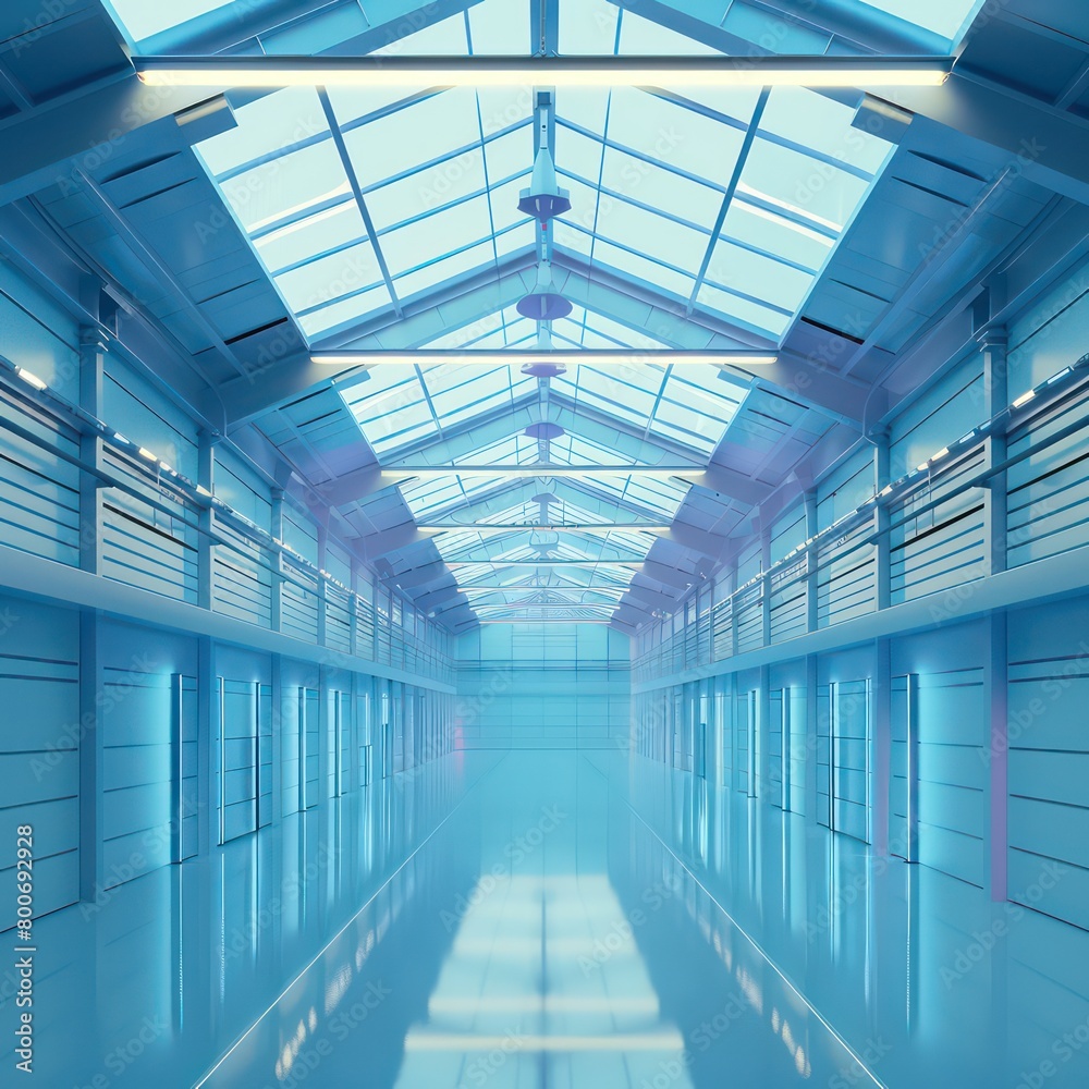 realistic warehouse with light blue glowing space realistic warehouse with light blue glowing space