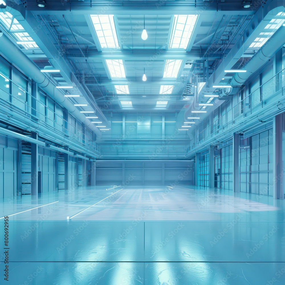 realistic warehouse with light blue glowing space realistic warehouse with light blue glowing space