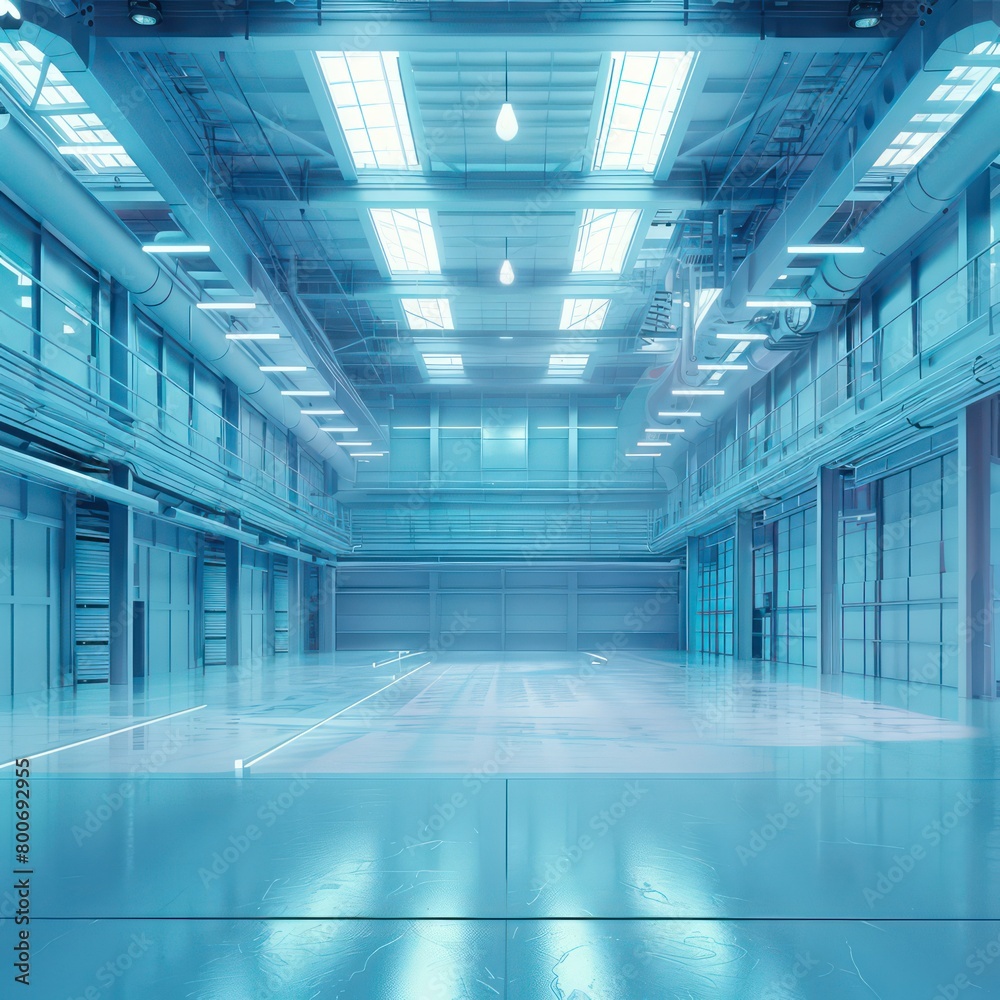 realistic warehouse with light blue glowing space