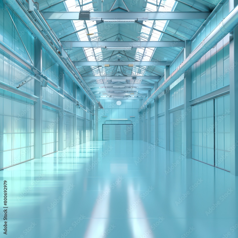 realistic warehouse with light blue glowing space realistic warehouse with light blue glowing space