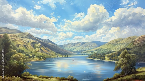 oil painting,A landscape painting of the lake in an English valley, with hills on both sides and clouds overhead. in the style of Edward Poynter photo