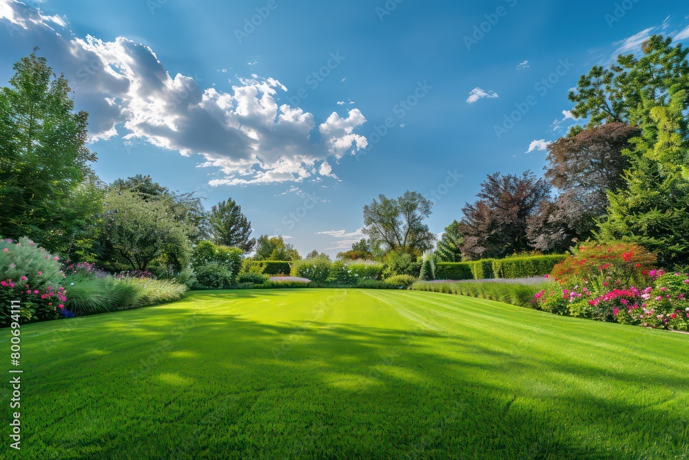 beautiful garden lawn with a large beautiful blue sky in the background
