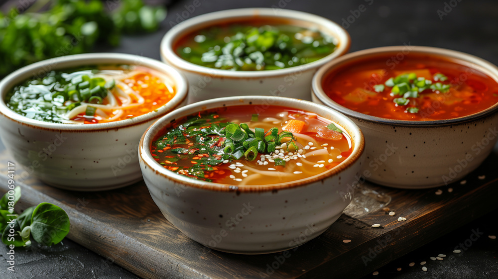 Asian food, tomato soup with basil in white bowls Asian food, tomato soup with basil in white bowls
