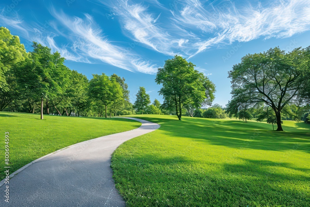 curving pathway in a park with vibrant green grass curving pathway in a park with vibrant green grass