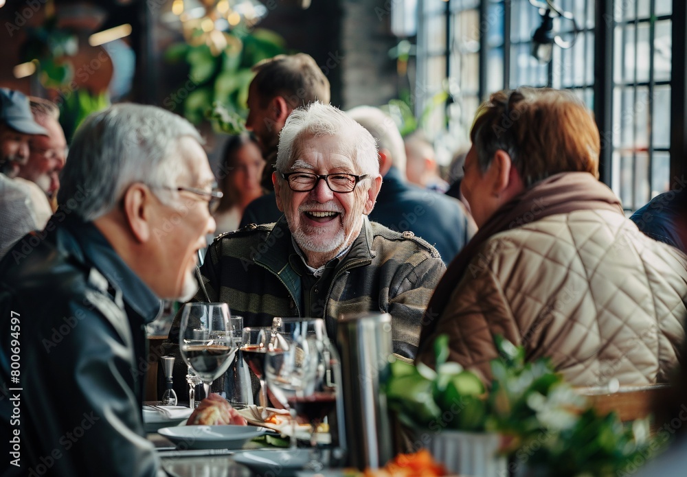 elderly friends laughing and socializing in an elegant restaurant elderly friends laughing and socializing in an elegant restaurant