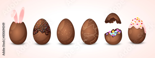 Easter holiday whole and bitten chocolate eggs with different decorations isolated on white background.
