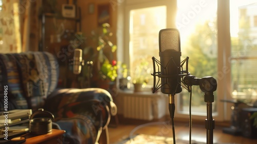 podcast microphone set up in a home  sunny lighting