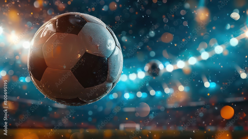 a soccer ball in closeup flying in the air on a big soccer field stadium