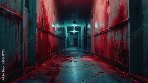 Bloody hallway, Halloween environment, horror background, sanatarium or hospital, prison --ar 16:9 Job ID: c5e0a0ca-1759-4805-9016-eb24a638f9ef photo
