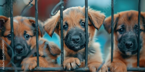 The woeful expression of puppies in an animal shelter, trapped behind bars, longing for someone to take them in and provide shelter. banner. photo