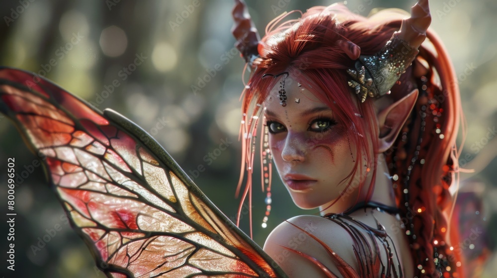 A fierce faerie with fiery red hair cascading down her back her insectlike wings covered in shimmering scales and her pointed ears . . A fierce faerie with fiery red hair cascading down her back her insectlike wings covered in shimmering scales and her pointed ears . .
