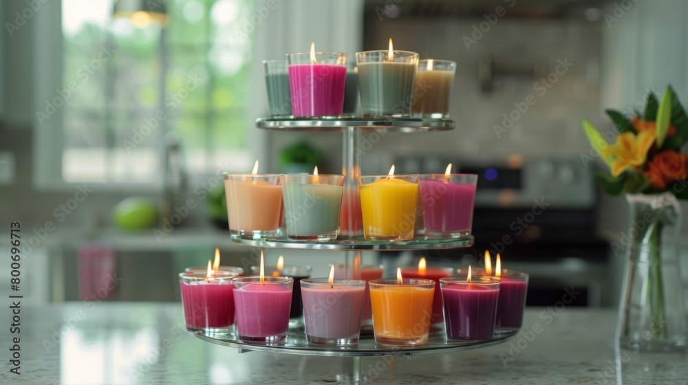 A medley of colorful candles each one emitting a unique fragrance arranged on a tiered tray in a modern kitchen. 2d flat cartoon. A medley of colorful candles each one emitting a unique fragrance arranged on a tiered tray in a modern kitchen. 2d flat cartoon.