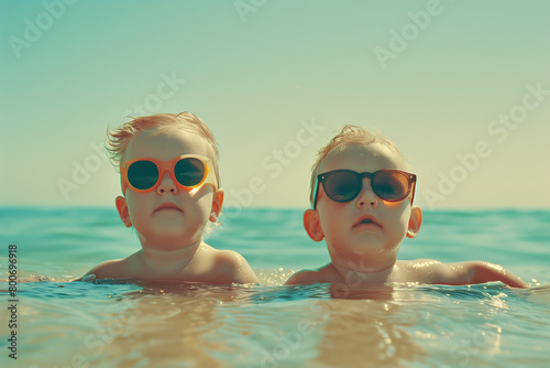 Happy childhood concept. Portrait of beautiful blond babies tourists swimming in warm blue sea, ocean. Sunny summer day. Trendy eyewear. Banner style. Close up outdoor shot © Augustino