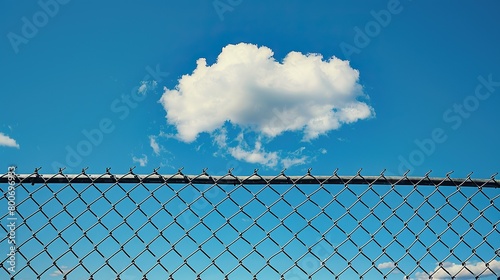 one cloud in the blue sky behind an open chain link fence, photo realistic