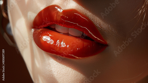  Plump, glossy lips reflecting light with a mirror-like shine, evoking a sense of sensuality and glamour