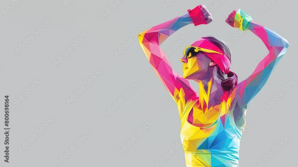 Obraz premium Blue yellow geometric form illustration of runner celebrating victory