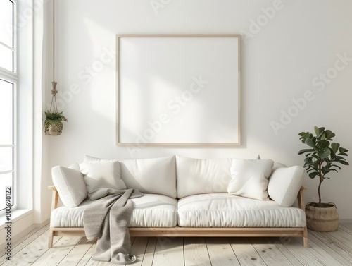 design a living room, white walls and light wooden floors