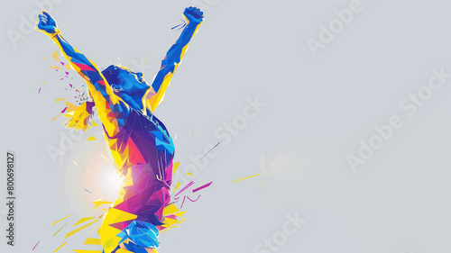 Blue yellow geometric form illustration of runner celebrating victory