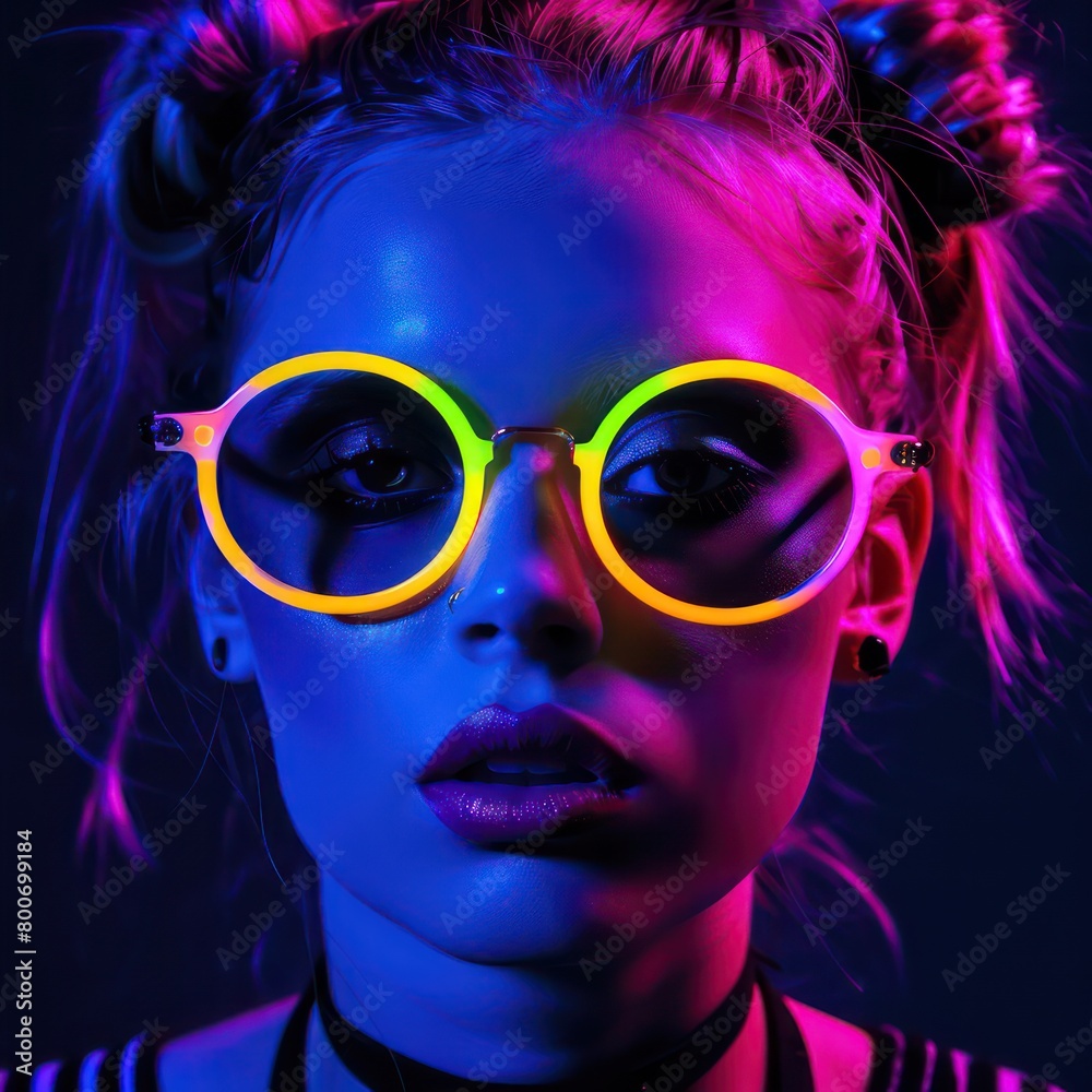Girl, techno-dance, nightclub, neon sunglasses, rave