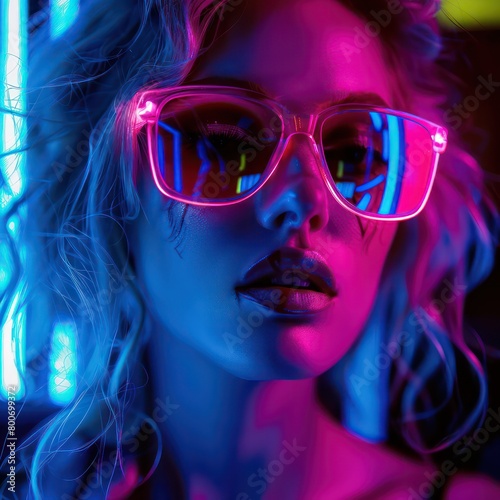 Girl, techno-dance, nightclub, neon sunglasses, rave