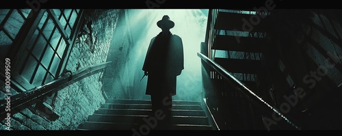 Bring the timeless allure of film noir to your modern movie poster Capture a high-angle shot showcasing the iconic shadows, mystery, and suspense of the genre in a contemporary scene