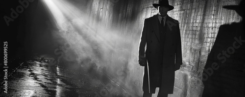 Bring the timeless allure of film noir to your modern movie poster Capture a high-angle shot showcasing the iconic shadows, mystery, and suspense of the genre in a contemporary scene photo