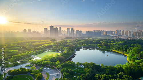 Urban Oasis: Aerial View of a Park Surrounded by Cityscape photo