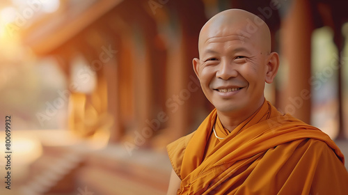Peaceful Reverence: Smiling Monk in Saffron Robes