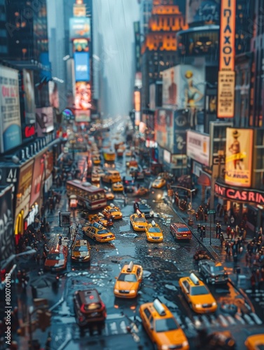 Urban Nightlife: Vibrant city street with taxi, lights, and skyline reflecting on the river, set against the backdrop of a bustling metropolis