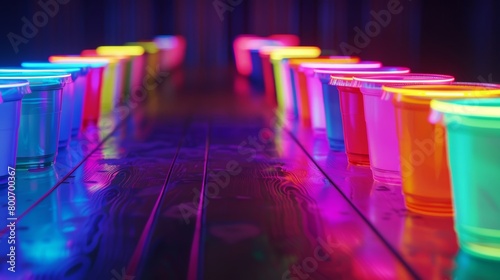 A game of neonlit beer pong with the traditional drink rep by glowing nonalcoholic options. photo