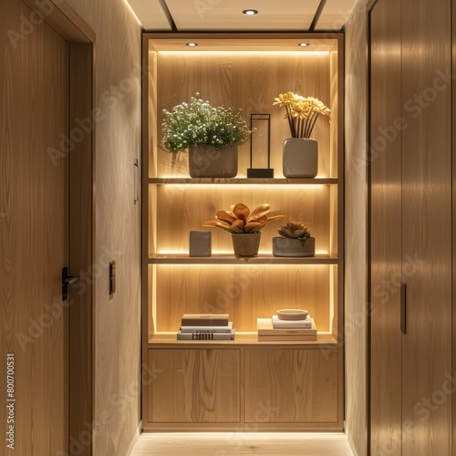 shelves in a wooden cabinet, hallway with lift and a apartment main door light beige and light amber, few decor books, flowers